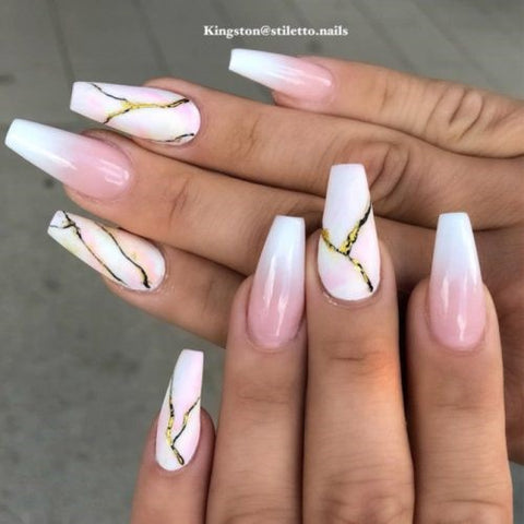 White And Pink Ombre Nails With A Marble Stone Design