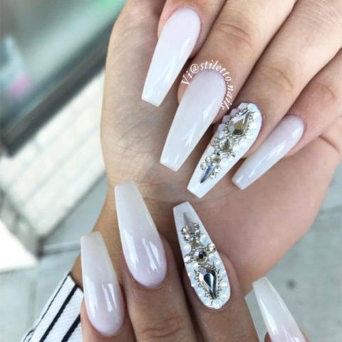 White Coffin Nails With Silver Rhinestones