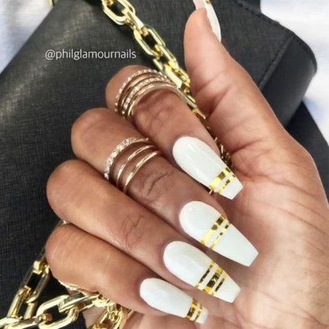 Long White Coffin Nails With Gold Stripes