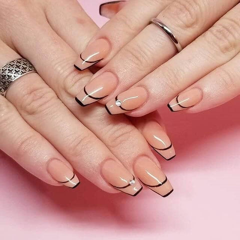 Rosy Pink Nude Nails with Black Accents