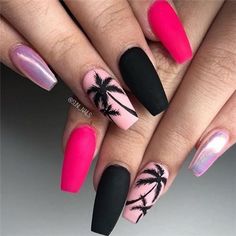 Pink and Palm tree Summer Nail Designs