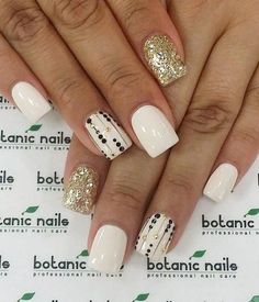 Square White and Gold nail Design