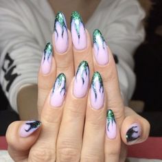 Glitter  Green Flame Nails