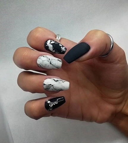 Matte Black Nails with Silver Accents