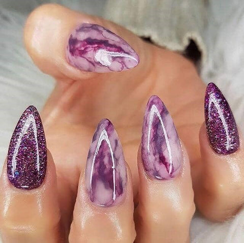 Short Purple Stiletto Marble Nail Idea