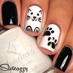 Black and white Cute Cat Nail Design