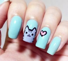 Blue Cute love Cat Nail Design