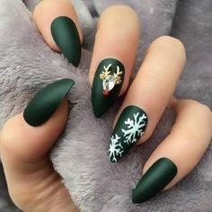 Matte Christmas Elk and Snowflakes Nail Art Design