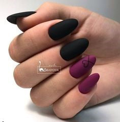 Matte Black & Purple Heart Nail Design