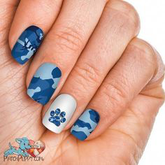 Blue Camo Wrap and Paw Print Gel Nail Design Idea