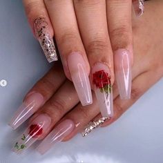 Transparent Long Stiletto Valentine’s Nail Art Idea