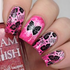 Pink Butterfly Valentine Nail Design