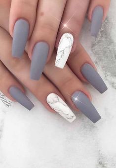 Gray Marble Coffin Nail Design