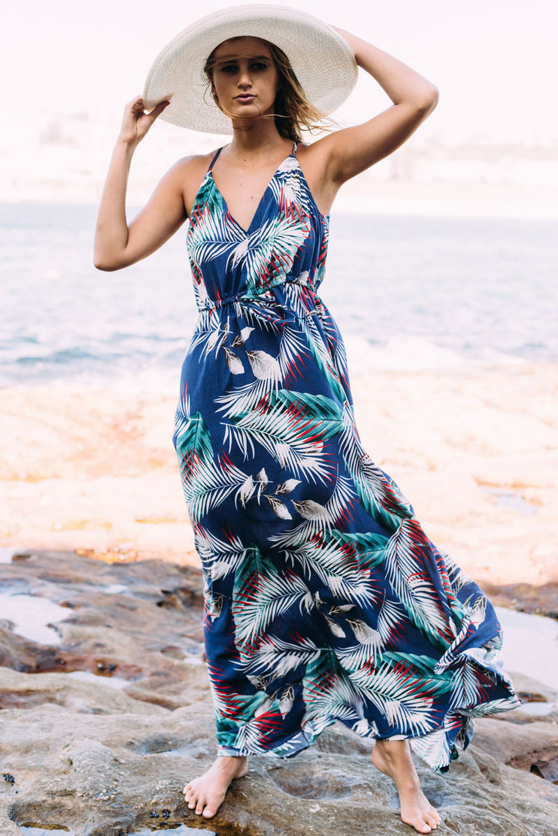 tropical leaf maxi dress