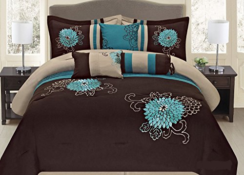 Fancy Collection 7 Pc Embroidery Bedding Brown Turquoise Comforter