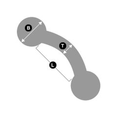 To measure the length of the curved barbell, you will need to measure the distance between both ball ends. The ball diameter is always measured from left to right on the ball. Thickness is measured on the curvature part of the barbell itself better known as gauge.