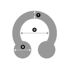 To measure the diameter, you will need to measure the space within inside the horseshoe barbell. The ball diameter is always measure flat horizontally from one side to the other. The thickness or gauge is always measured on the actual rounded part of the horseshoe barbell.