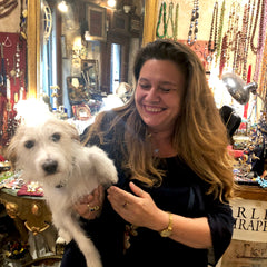 Image of Venetian bead shop owner and her dog in Venice