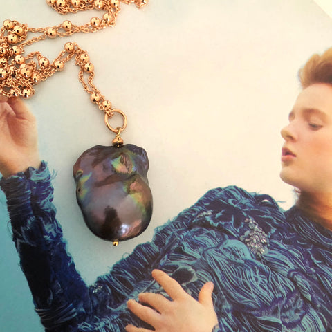 Leoni & Vonk large peacock baroque pearl on rose gold fill chain photographed on magazine page