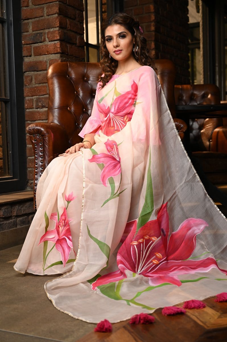 Peach Handpainted Organza Silk Saree – Beatitude