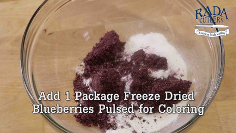 In your mixing bowl, add your Pulsed Blueberries to add coloring
to your filling