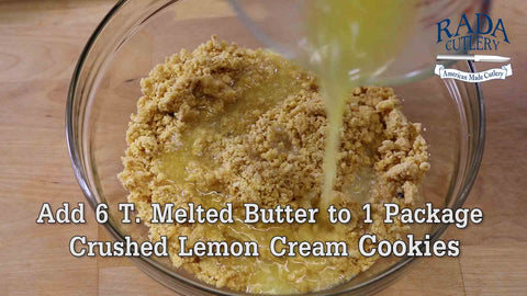 Crush Lemon Creme Cookies and add to a large mixing bowl.
Then add 6 T. of Melted Butter