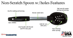 RADA Cutlery's Non-Scratch Spoon w/holes with different specifications being drawn by arrows and text boxes