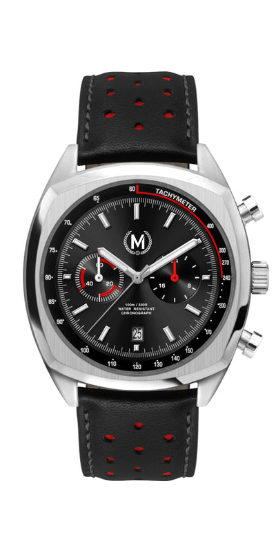 CLASSIC DRIVER CHRONOGRAPH, BLACK AND RED STRAP - Marchand Watch Company