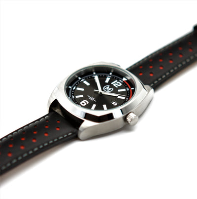 BLACK AND RED LEATHER RALLY WATCH STRAP, SILVER BUCKLE - Marchand Watch Company