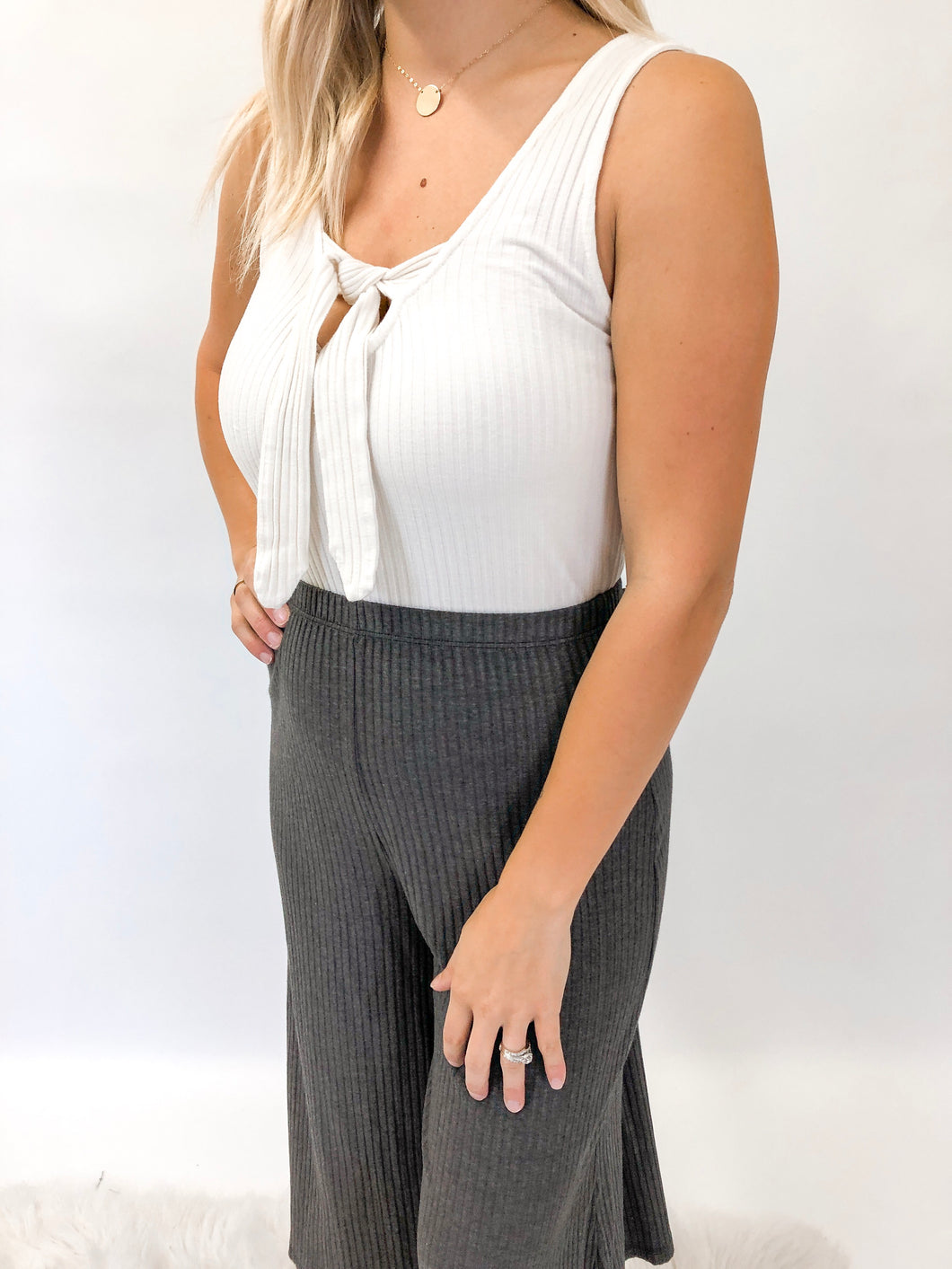 Front Tie Ribbed Bodysuit | White