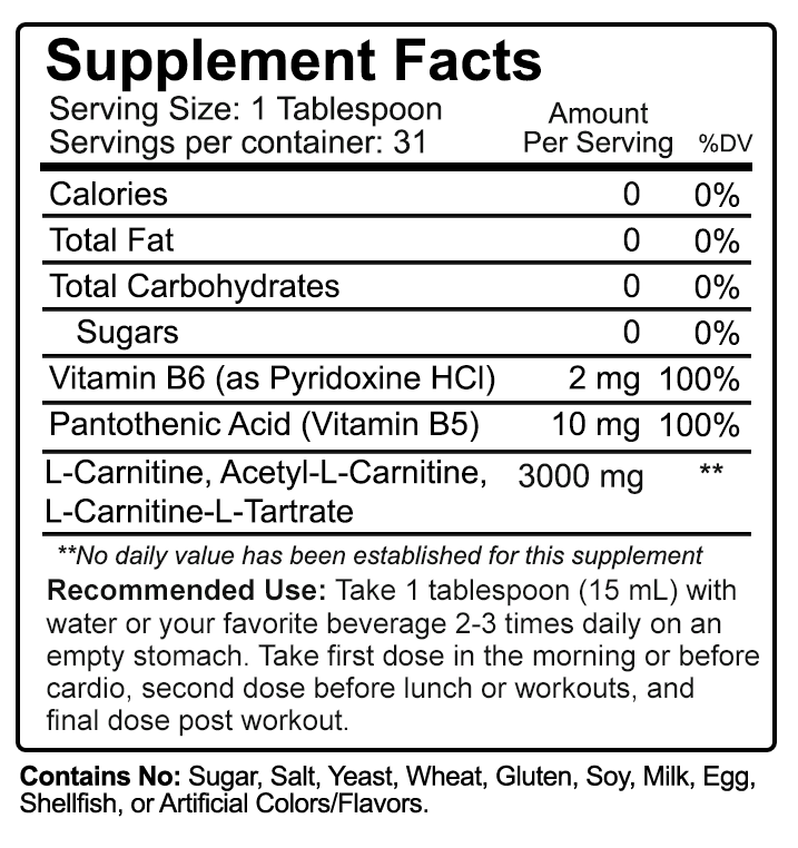 NutraKey 3000 L-carnitine Supplement Facts label