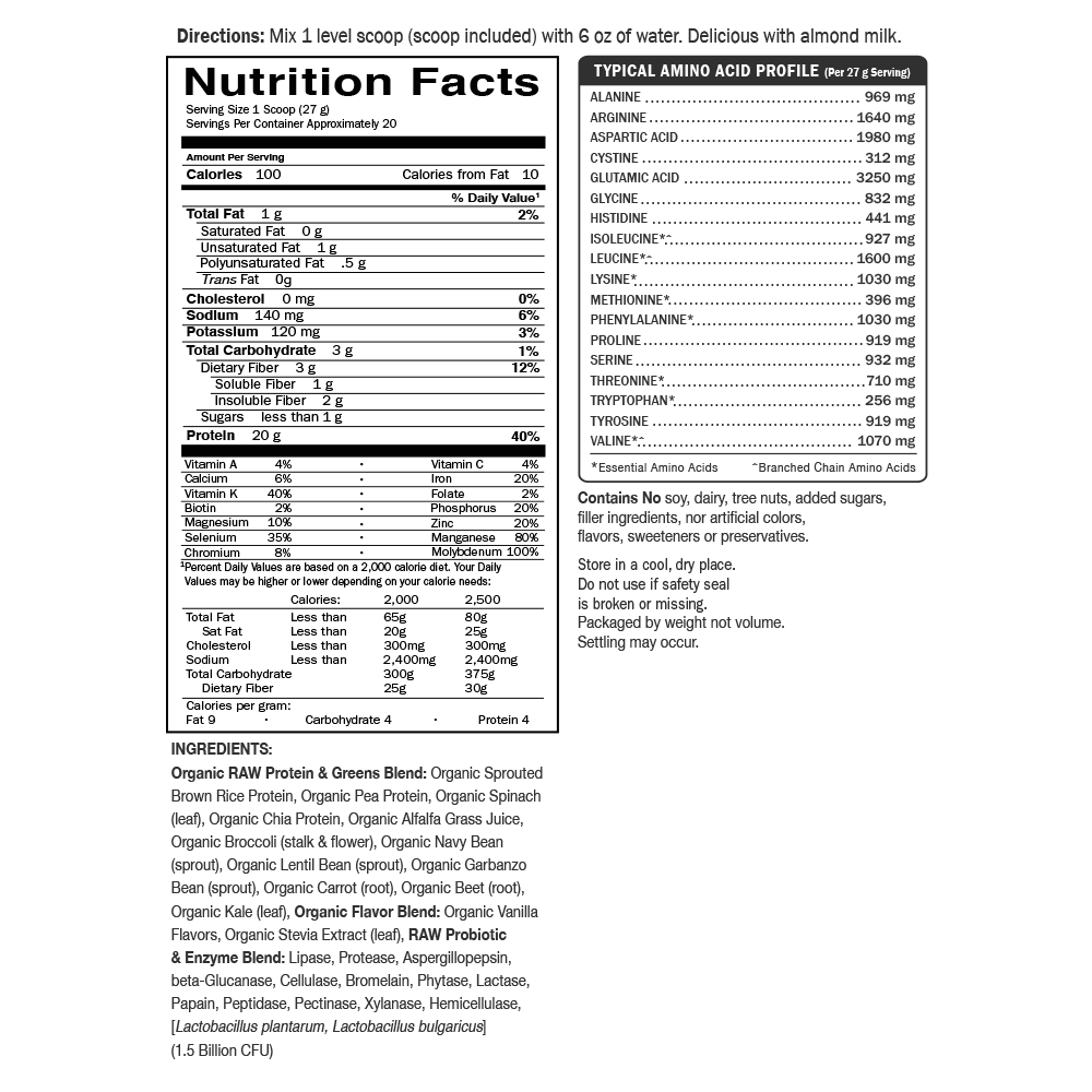 Garden of Life Raw Protein & Greens Nutrition Facts Label Vanilla flavor