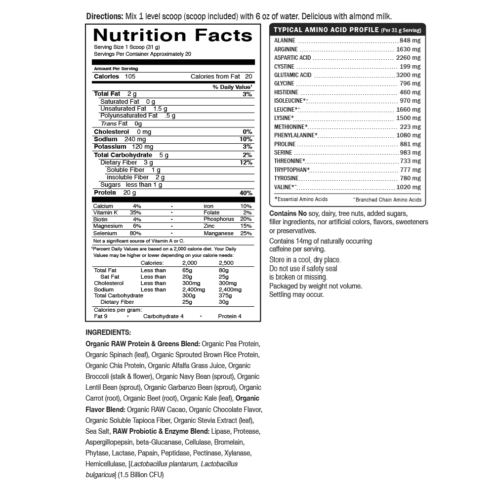 chocolate protein & Greens nutrition facts label by garden of life
