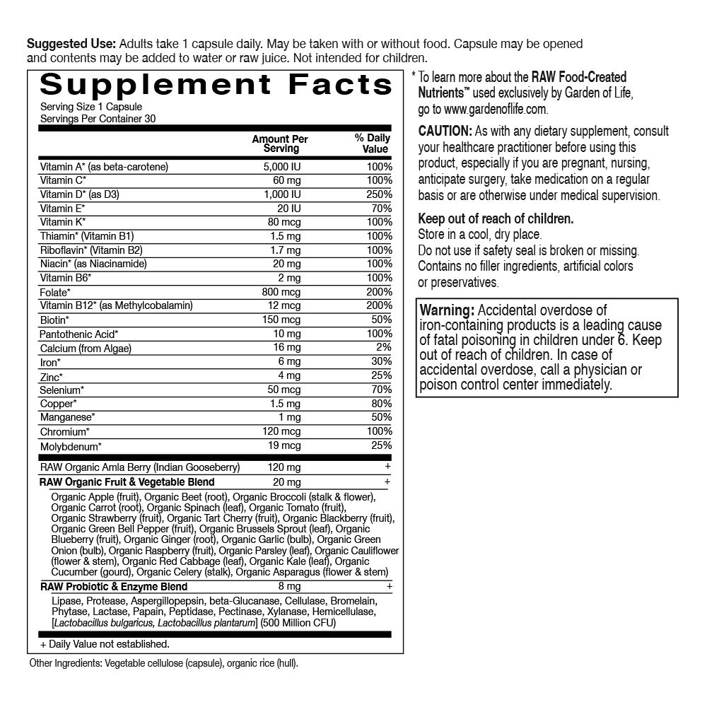 vc raw one for womens 75 day supply garden of life supplement facts label