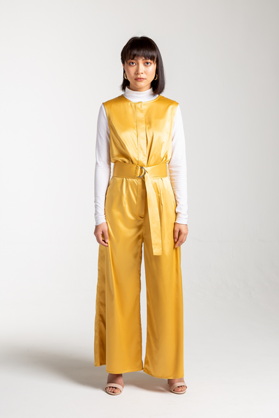 yellow satin jumpsuit