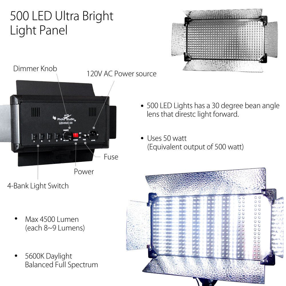 500 LED Continuous Dimmable Lighting Panel Kit with Barndoor, Color Gels, Locking Casters, Carry Case