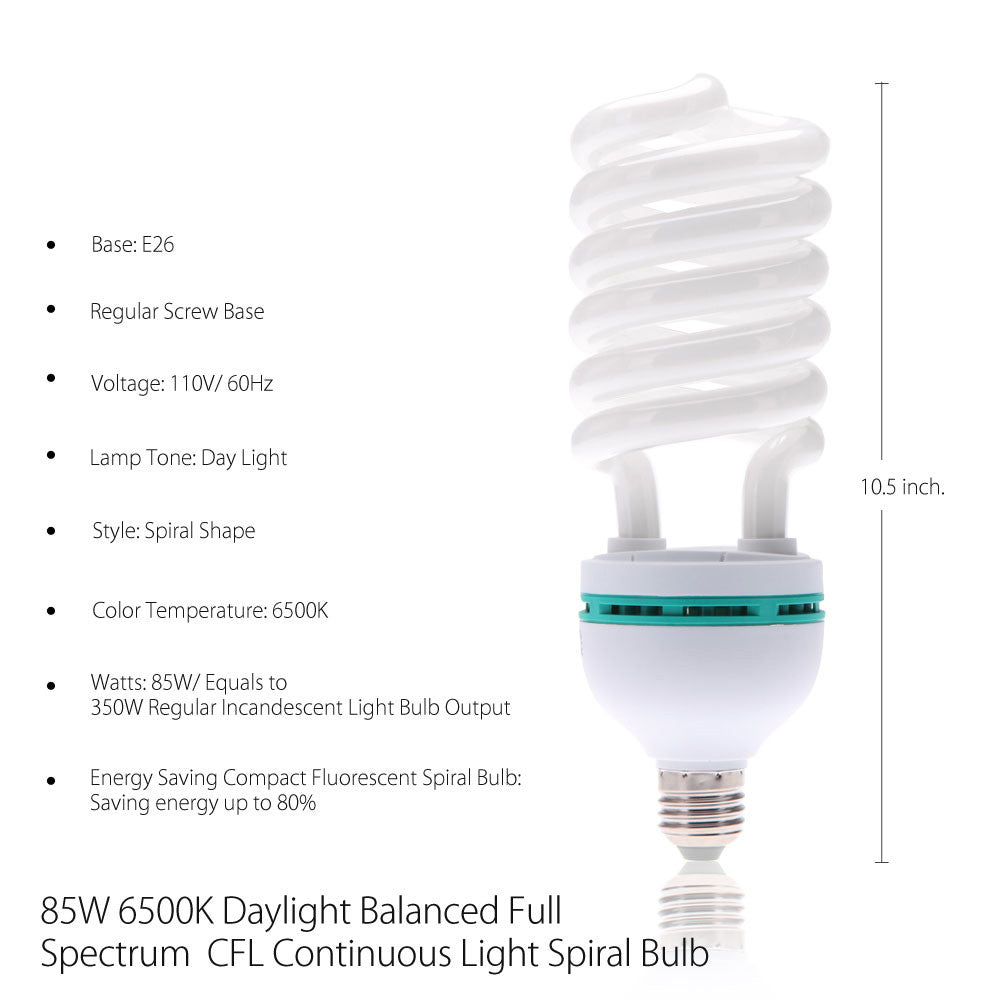 85W CFL Fluorescent Spiral Light Bulb Pure White 6500K Daylight Color Balanced for Photo Video Lighting by Loadstone Studio