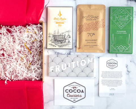 December Chocolate Subscription Box with bars from Dick Taylor, Potomac, Ritual Chocolate, and Fruition Chocolate
