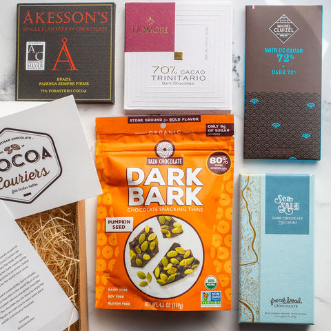 October Chocolate Subscription Box - Akesson's, Dark Bark from Taza, French Broad Sea Salt, Kluziel Chocolate, Domori chocolate