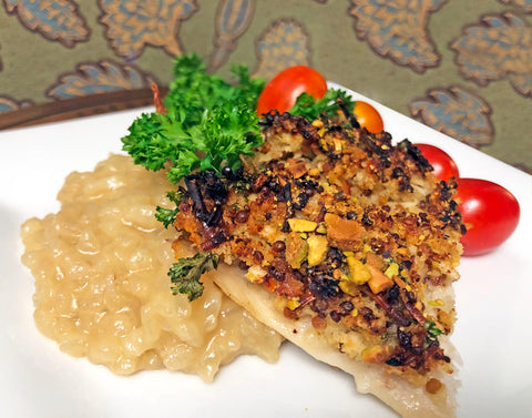 pistachio crusted pickerel with zesty apple risotto