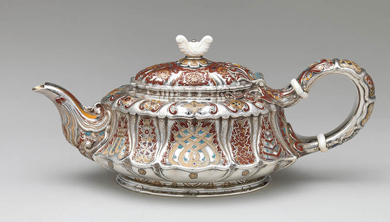 Tiffany & Co. enamel decorated tea pot, c. 1887, courtesy Metmuesum.org