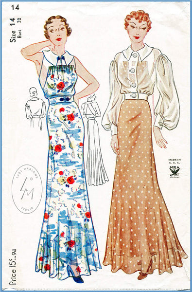 vintage sewing pattern Vintage Sewing Pattern 1930s 30s blouse pattern lantern sleeve draped slinky art deco style Instant Download