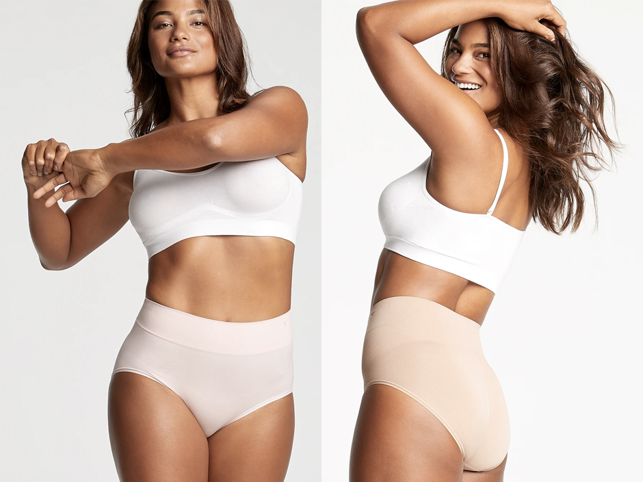 Livi Comfortably Curved Smoothing Brief - Seamless in English rose worn by woman in facing forward holding hands and in Almond worn by woman in back view hands in hair Yummie