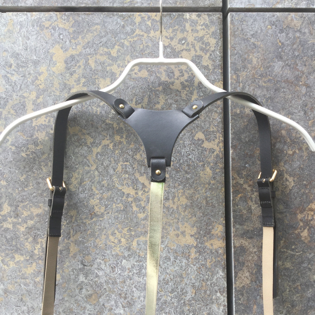 Black-Gold Leather/Synthetic Mix Other Stories Suspenders Size Adjustable
