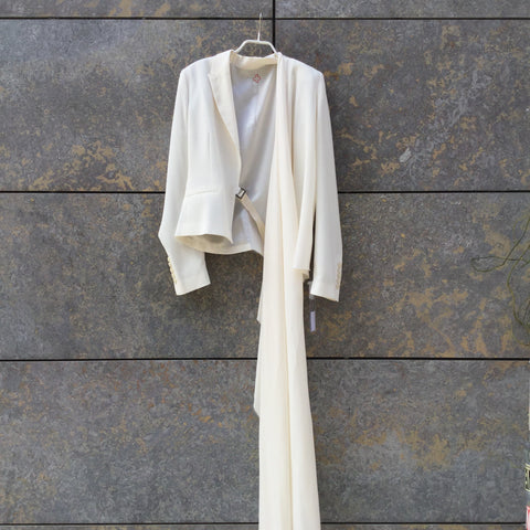 Cream Polyester Mix Contemporary Designer Blazer Raw Hem Size S/M