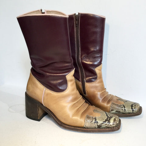 Wine-Mustard Leather Vintage Cowboy Boots Fat Heel Size 37
