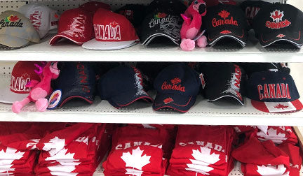 Chatham shelves of Canada themed ballcaps and tshirts