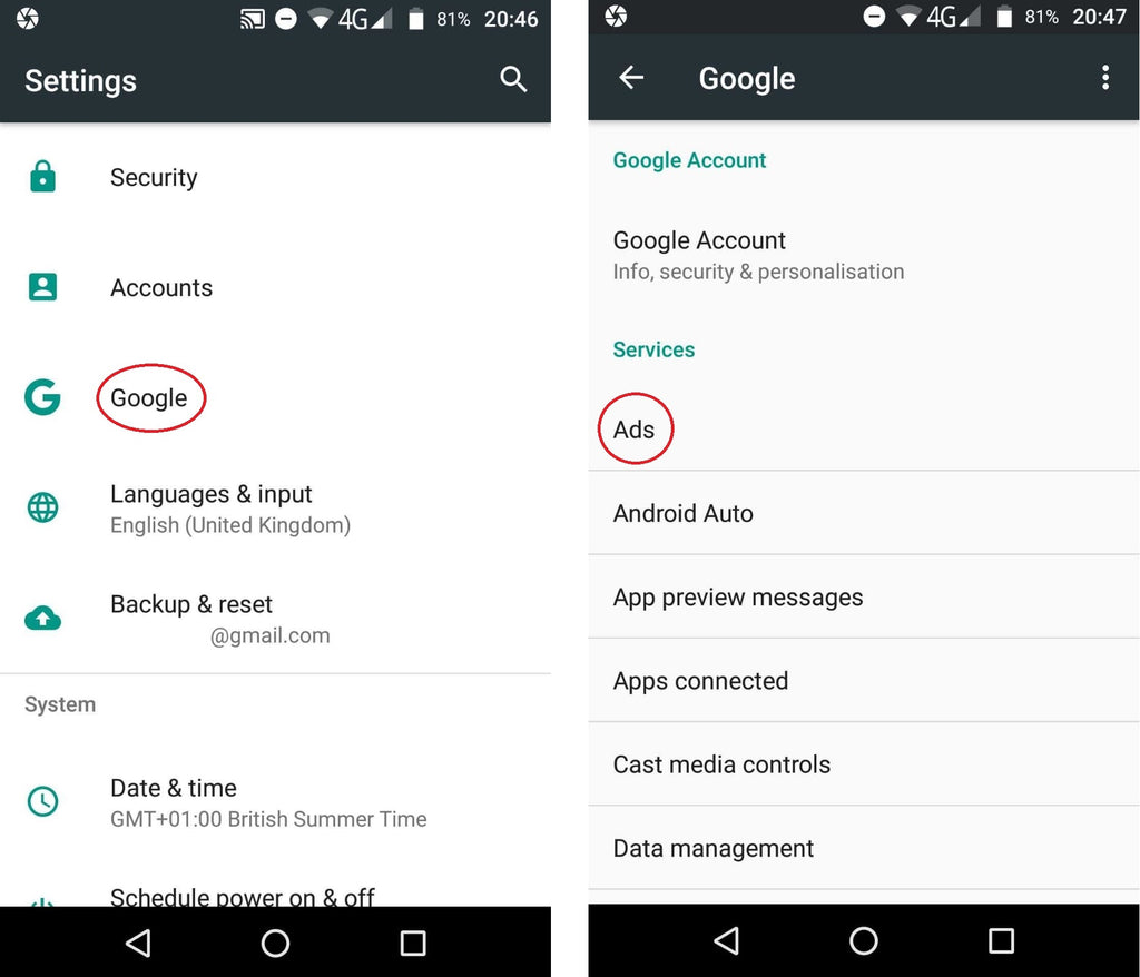 android mobile phone ad settings