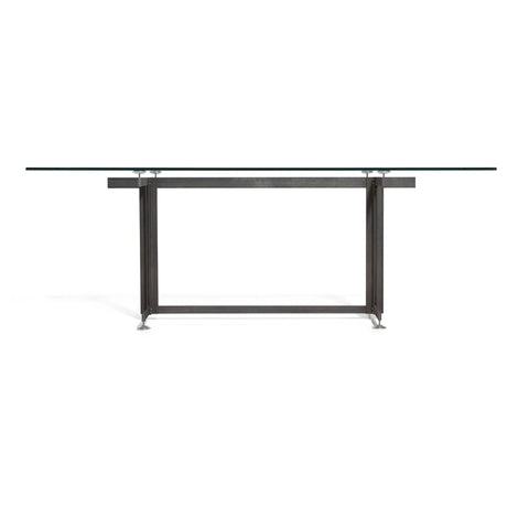 Broad view of the Eric Jacoby Tectonic Dining Table illustrating the way the glass floats above the steel frame