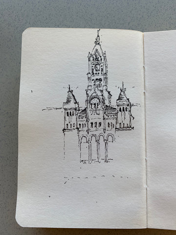 Image of a partially finished sketch by Eric Jacoby of the Salt Lake City and County Building